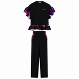 Black short-sleeved T-shirt with pink, purple, and orange abstract pattern ruffles and matching straight-leg trousers.