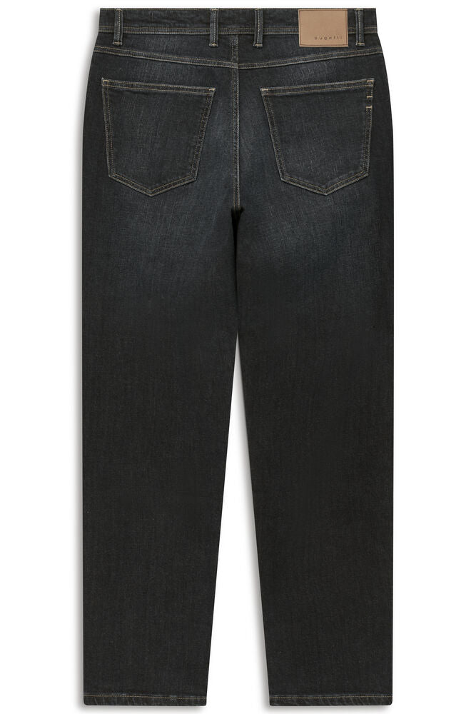 Washed black denim jeans, back view, with two back pockets, light brown stitching, belt loops, a brown 'BUGATTI' patch, and m