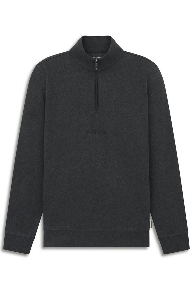 Dark grey men's quarter-zip sweatshirt with a stand-up collar, long sleeves, ribbed cuffs, and a ribbed hem.