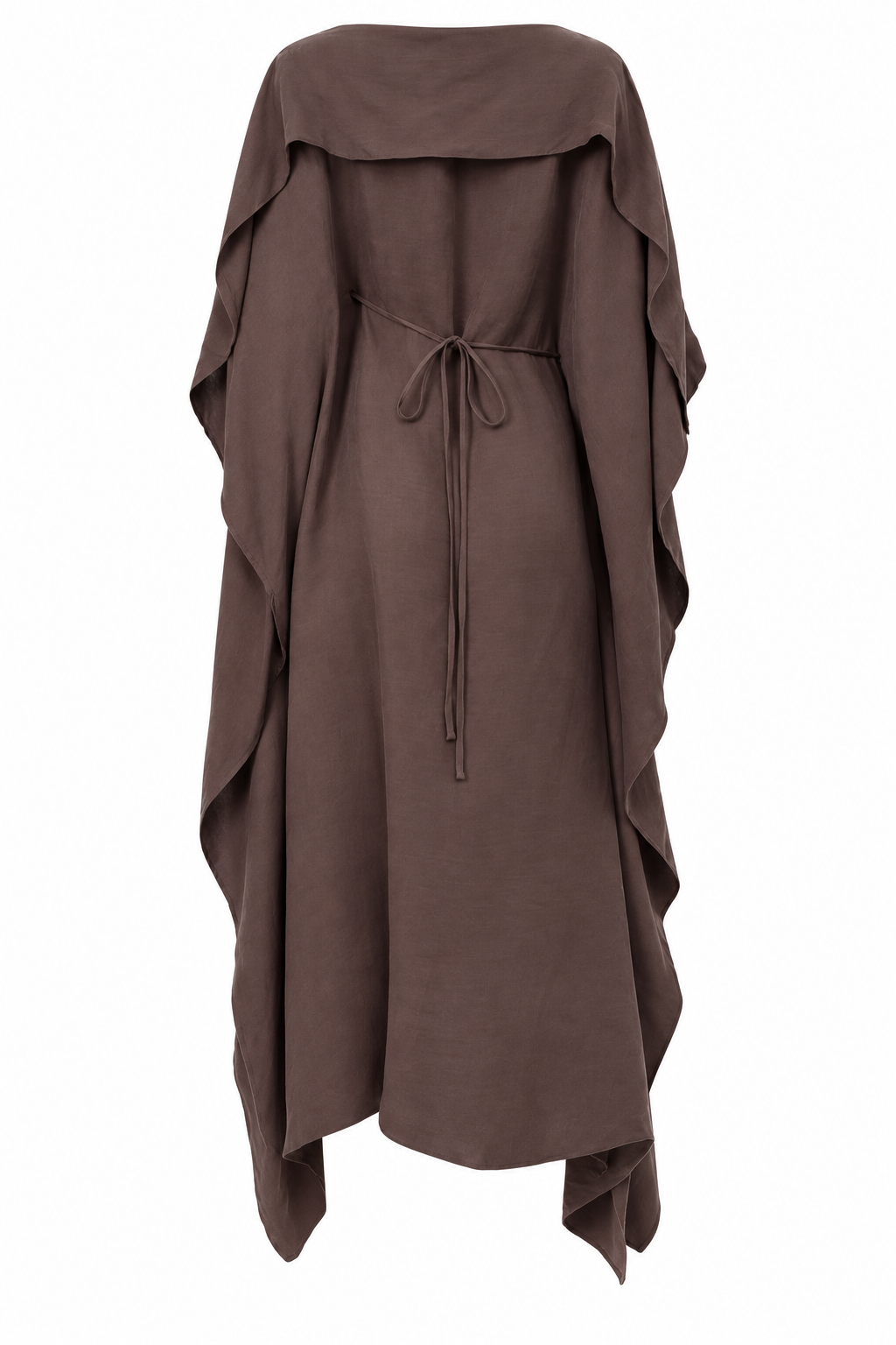 Brown linen maxi dress with a wide draped neckline, back waist ties, and wide, layered sleeves. Asymmetrical hem.