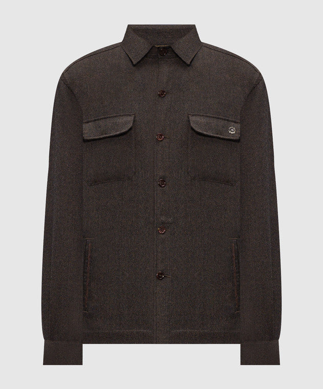 Dark brown sport jacket with a textured fabric, point collar, button front, two chest flap pockets (one with a gold-toned emb