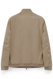 Beige blouson jacket with a stand-up collar, raglan sleeves, ribbed cuffs, and a ribbed hem.
