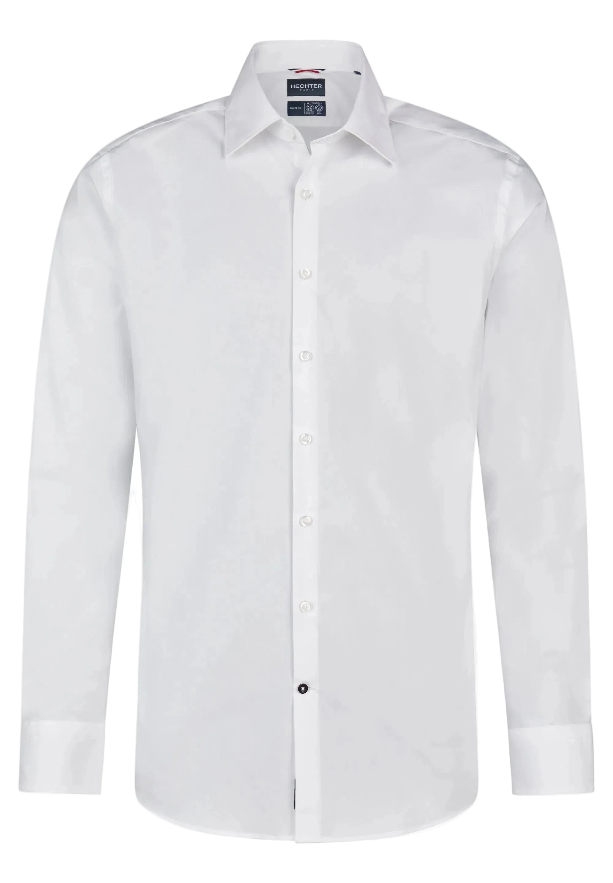 White long-sleeved button-up shirt with a classic collar, white buttons, and a dark bottom button.