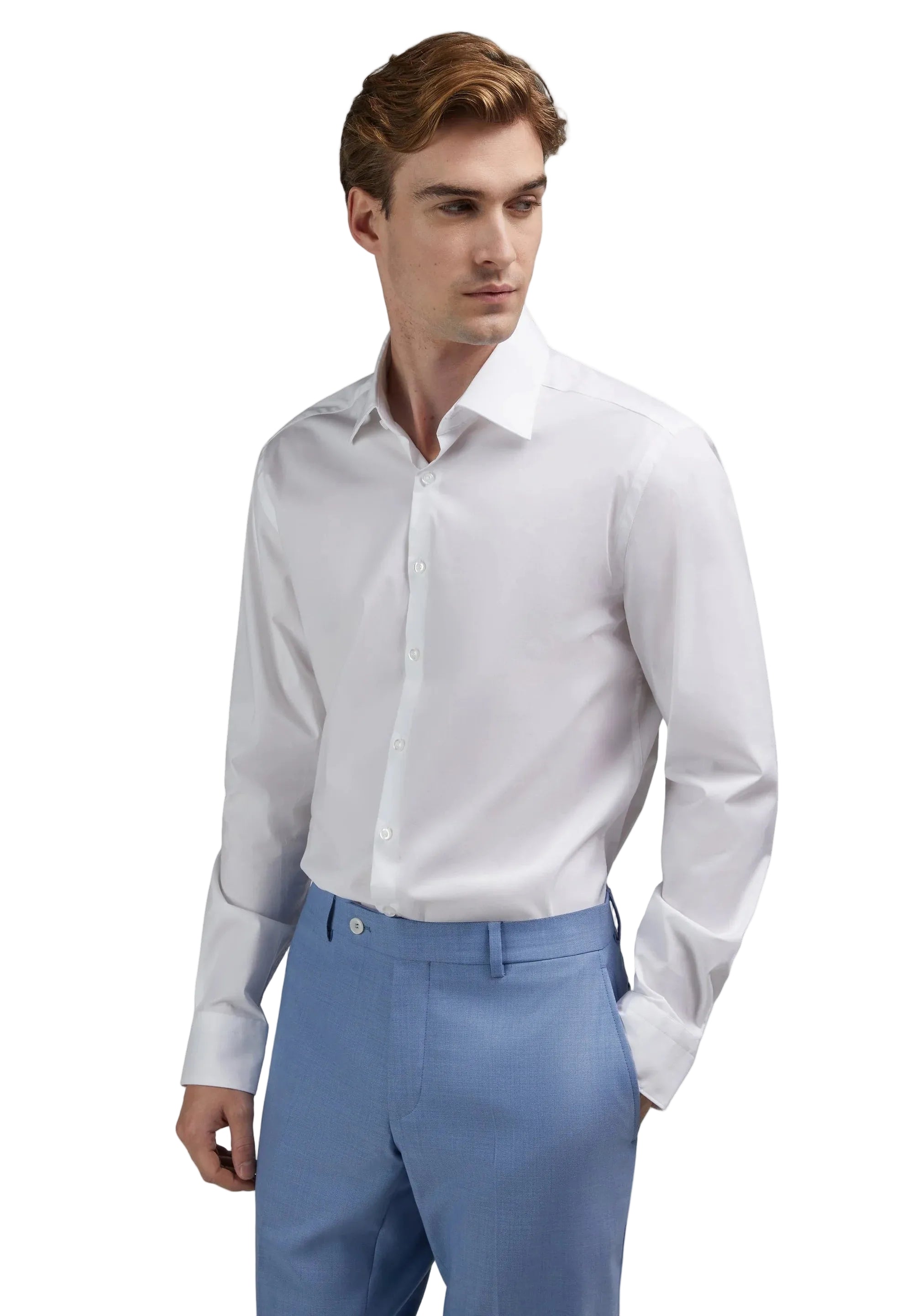 White long-sleeve men's shirt with a pointed collar and buttoned cuffs, featuring a full-length button placket.