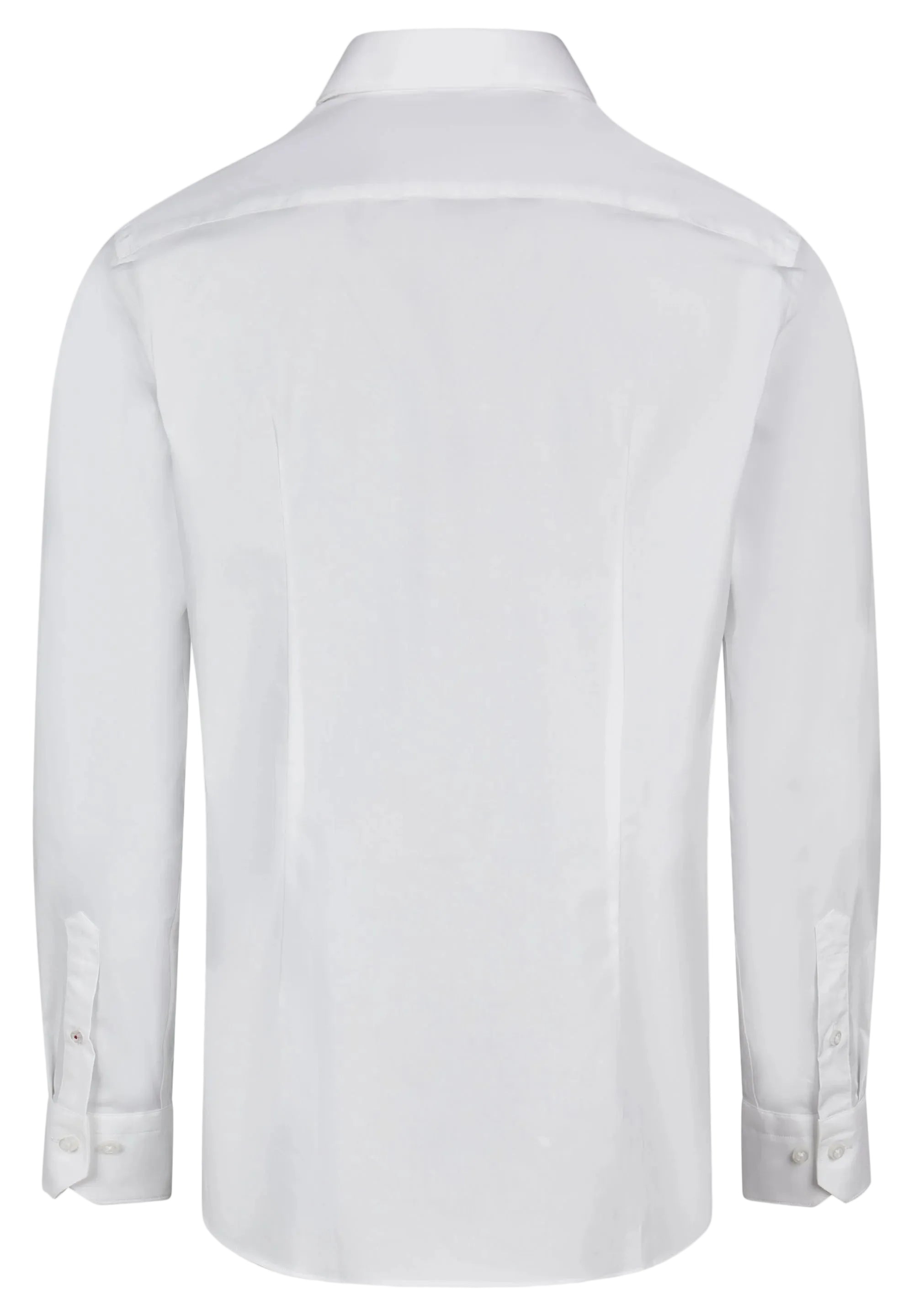 White long-sleeved dress shirt, back view. Features a standard collar, shoulder yoke, and buttoned cuffs with two buttons.