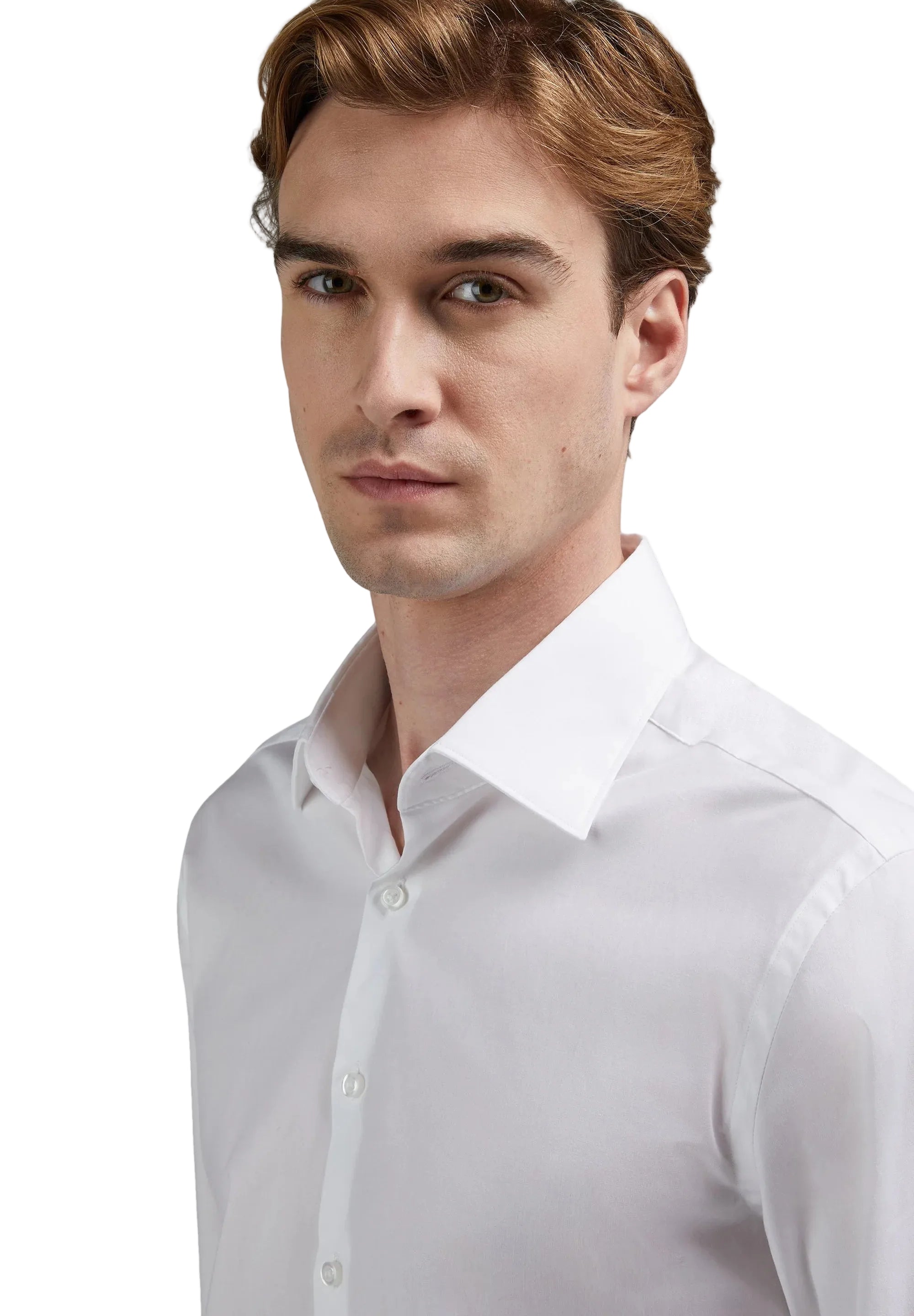 White long-sleeved button-up shirt with a classic pointed collar and a front placket with white buttons.