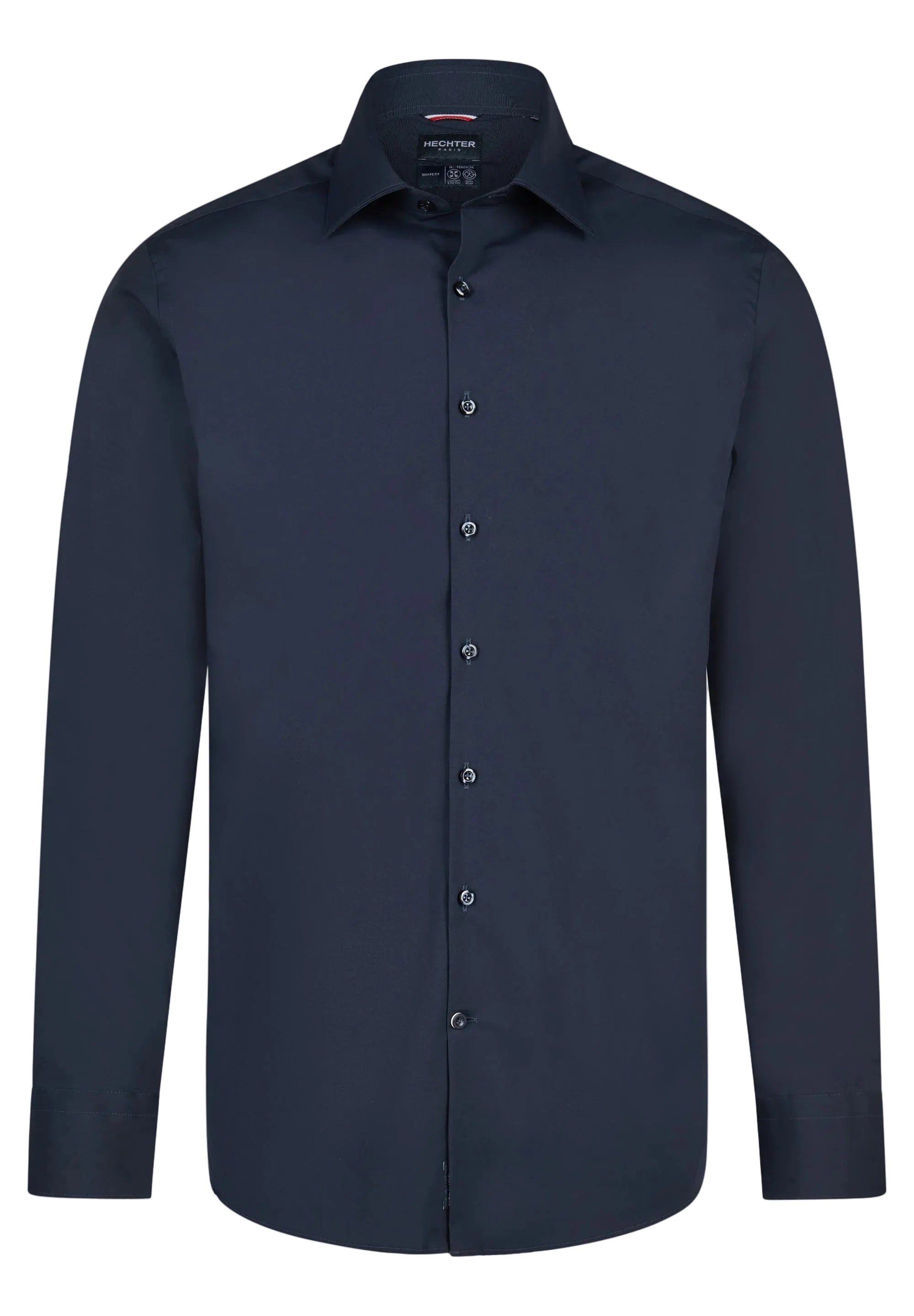 Dark blue long-sleeved button-up shirt with a pointed collar, full button placket, and simple buttoned cuffs.