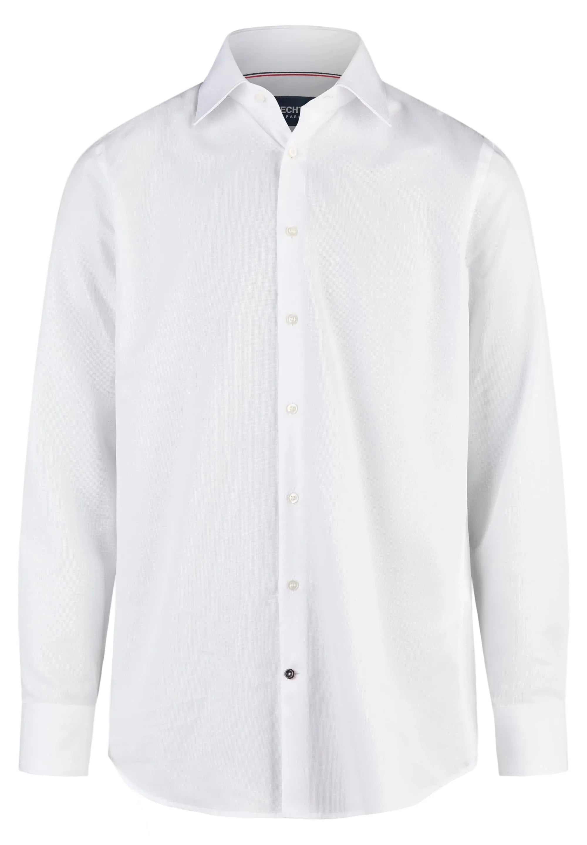 White long-sleeve dress shirt with a subtle textured weave, a standard collar, light-colored buttons, and a dark bottom butto