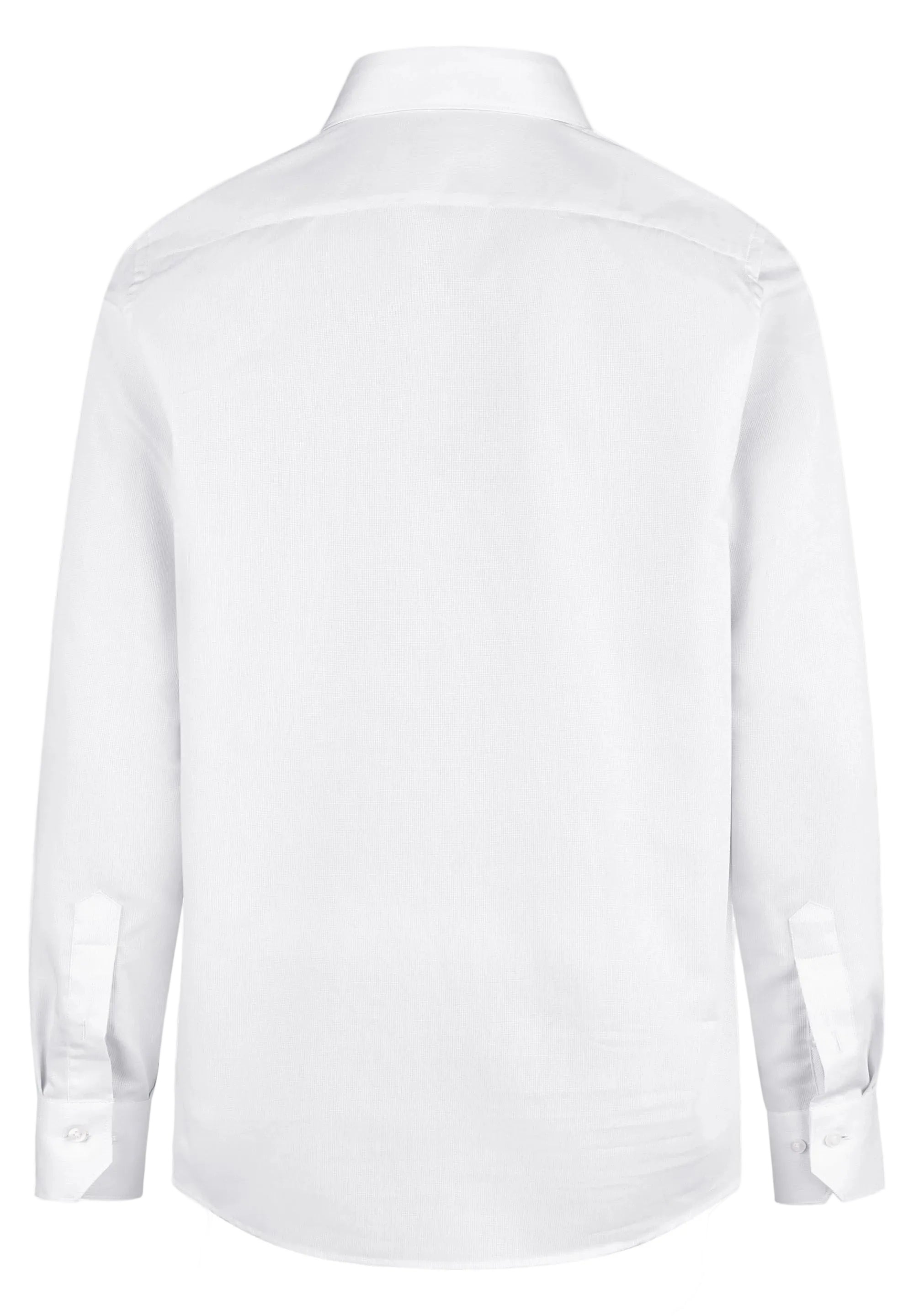 White long-sleeved shirt, back view, with a standard collar, shoulder yoke, and buttoned cuffs.