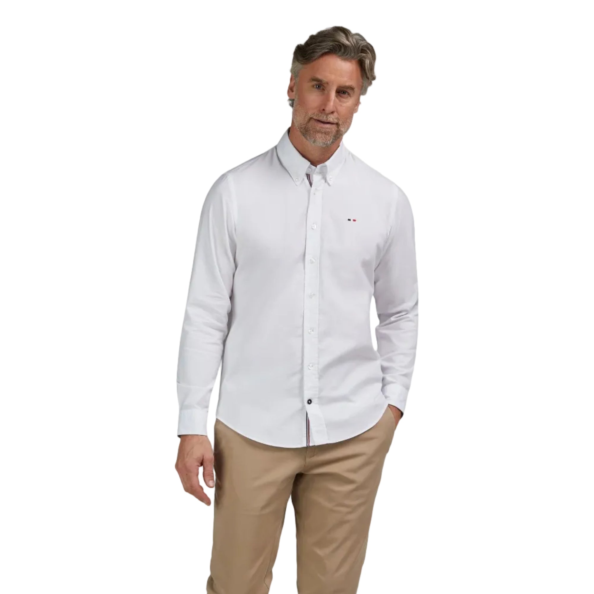 White long-sleeved men's shirt with a button-down collar and small embroidered logo on the chest.