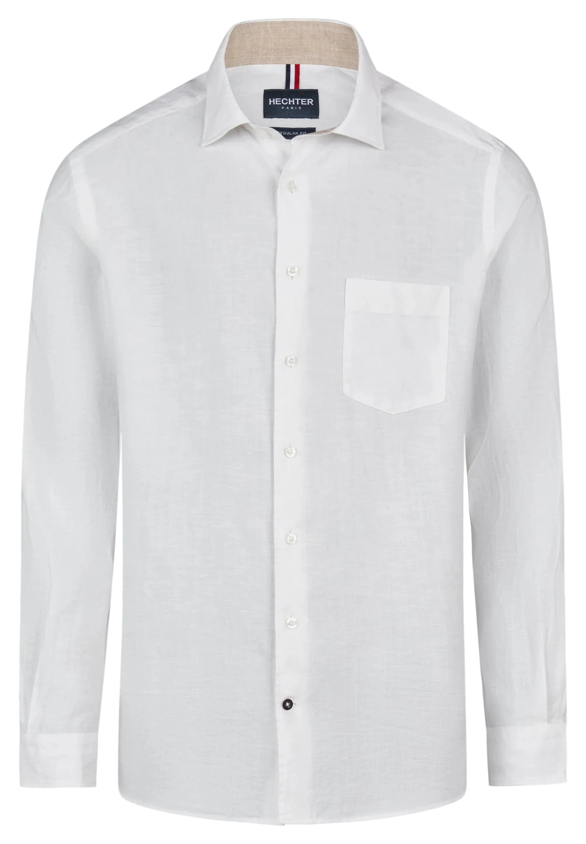White long-sleeved linen shirt with a spread collar, contrasting beige inner collar, left chest pocket, and white buttons, wi