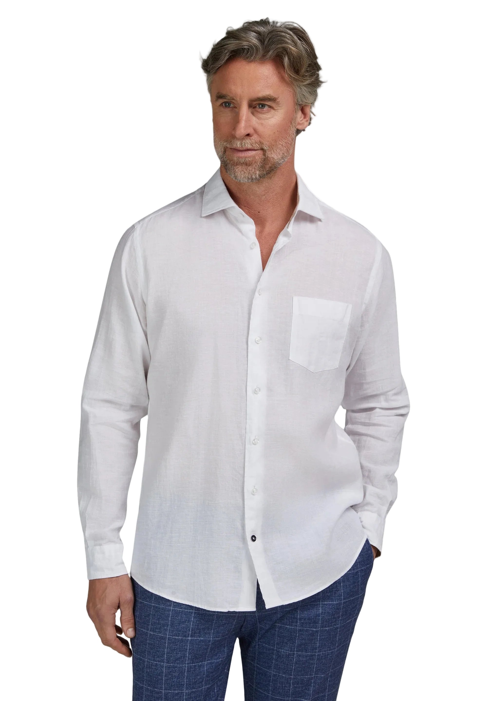 White regular fit long-sleeved shirt with a Kent collar, full button placket, and a single chest pocket.