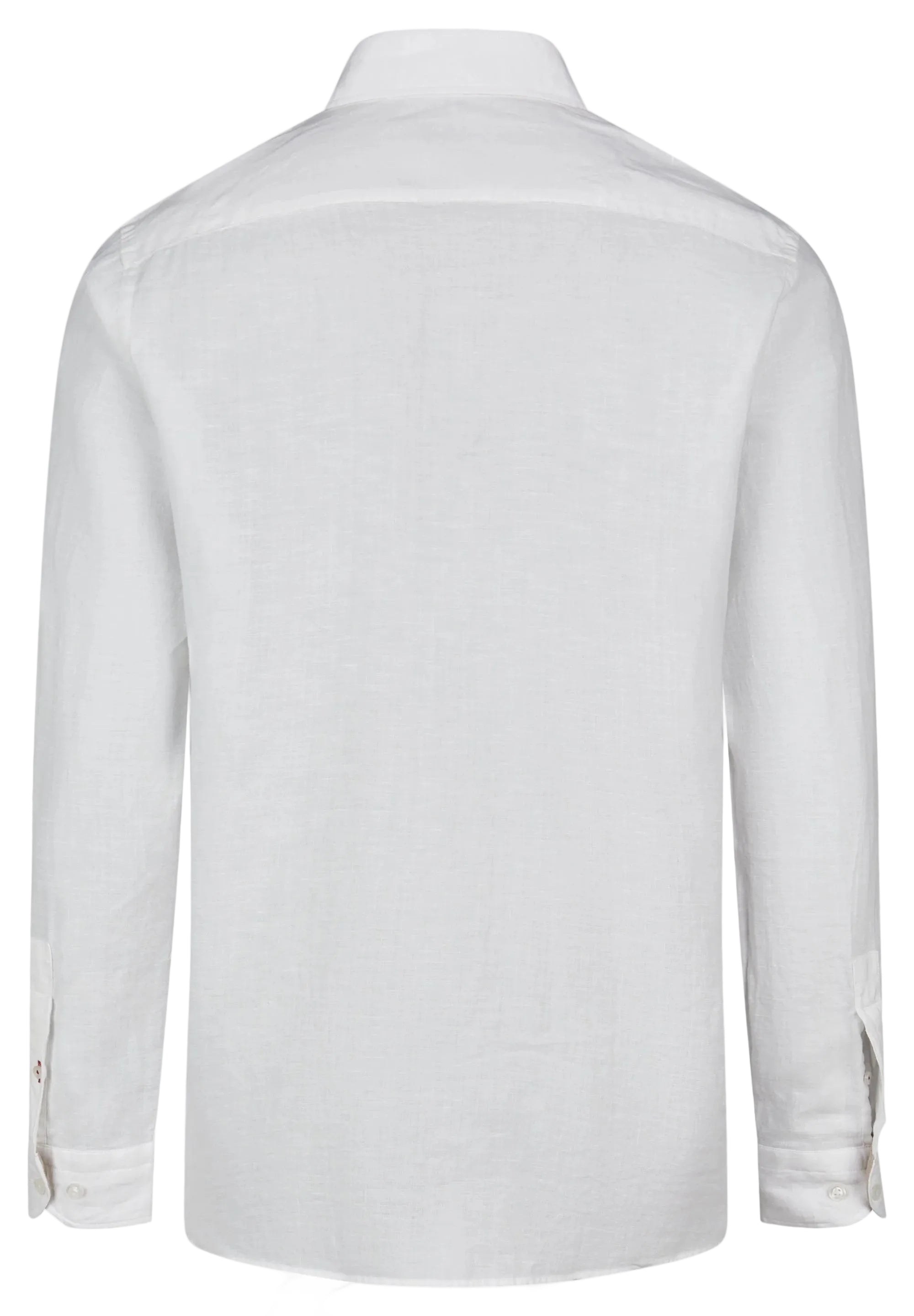White linen long-sleeved shirt with a band collar, back yoke, and buttoned cuffs.
