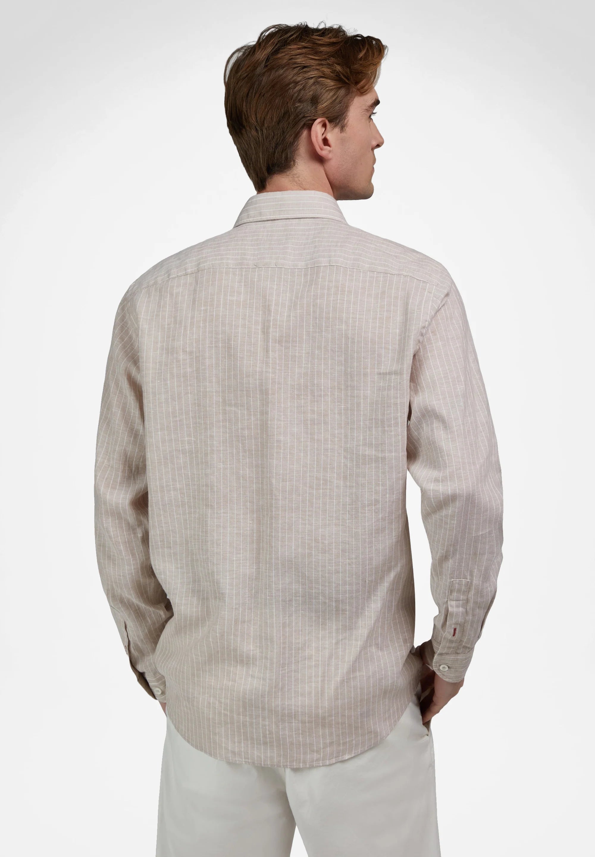 Sand linen-blend long-sleeve shirt with thin vertical white stripes, a collar, and buttoned cuffs with red stitching. Back vi