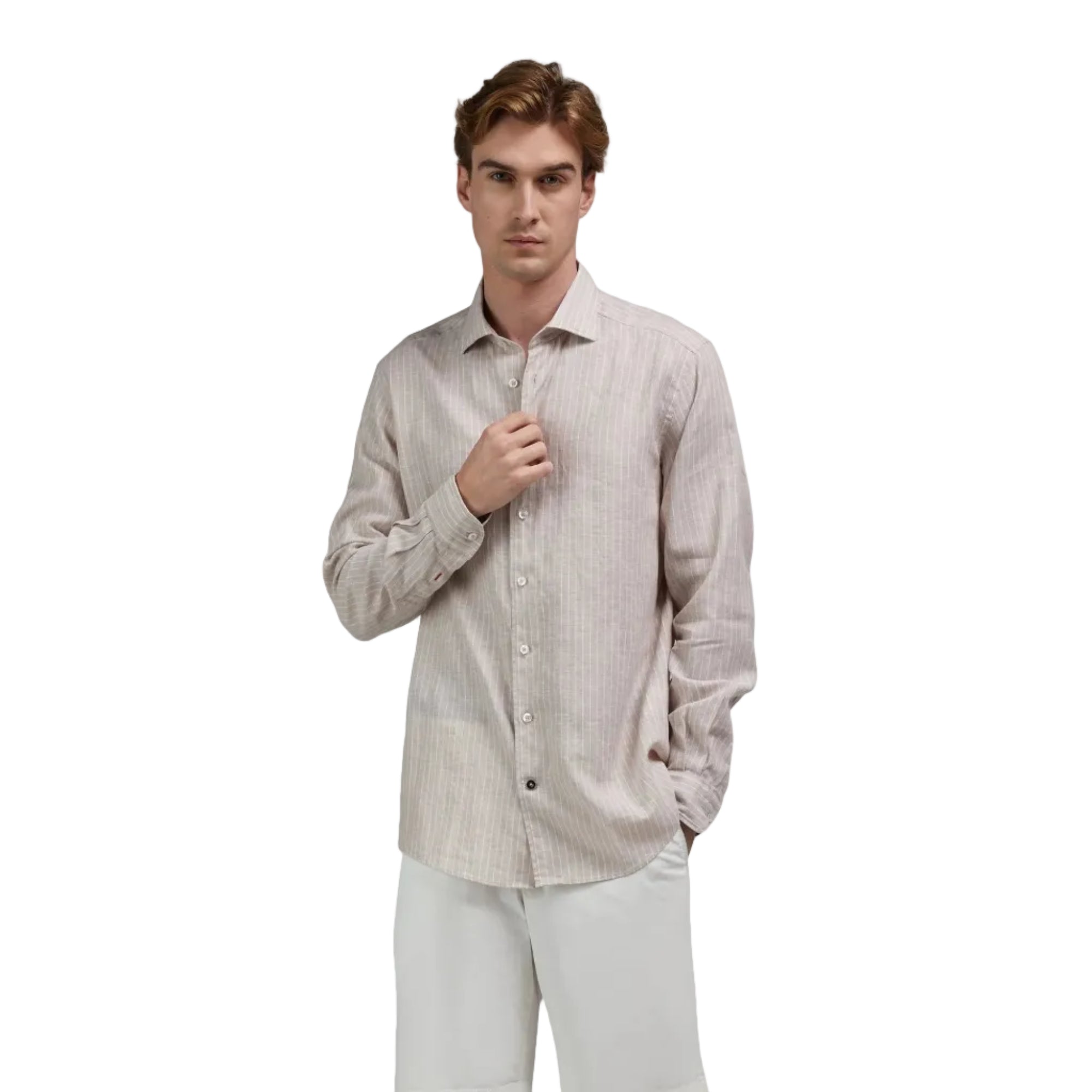 Light beige long-sleeved men's shirt with subtle white vertical stripes, classic collar, and button-front closure.