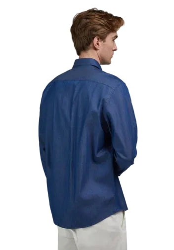 Dark blue long-sleeved shirt with a collar, back yoke, and curved hem. The fabric has a subtle texture.
