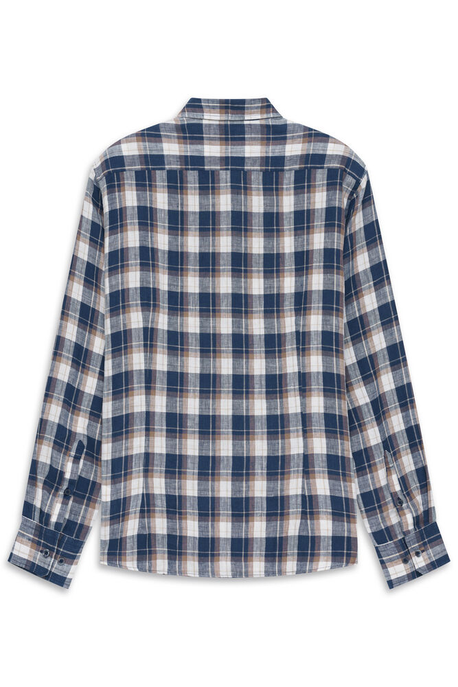Navy blue, white, and tan plaid long-sleeve casual shirt with a standard collar, back yoke, and buttoned cuffs.