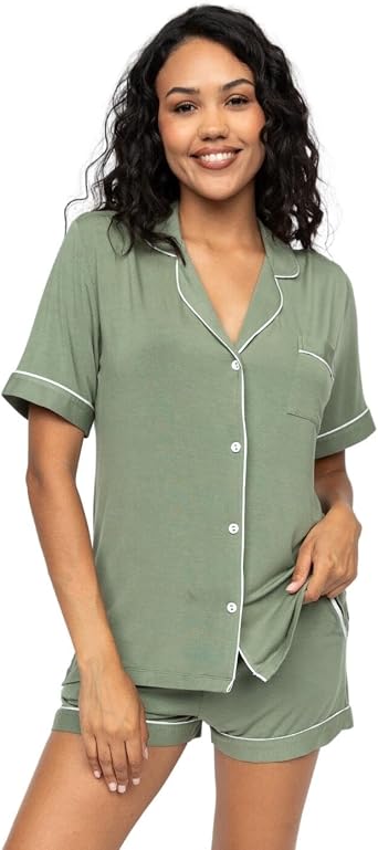 Sage green jersey short-sleeved pajama set. Top has revere collar, white buttons, chest pocket. White piping on top and short