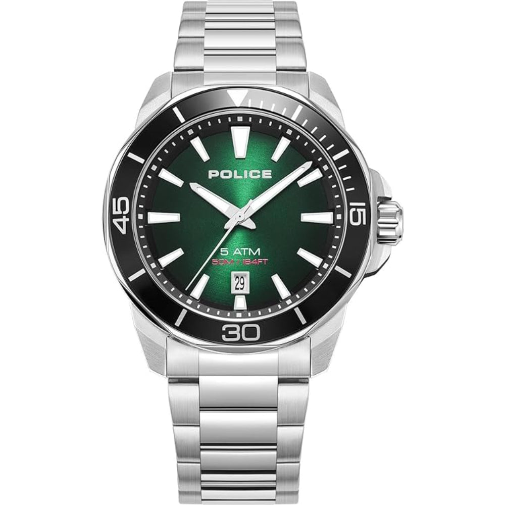 Police Thornton Gents Green Dial Stainless Steel Silver Watch