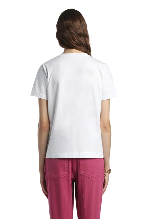 Off-white short-sleeved crew neck t-shirt with a straight hem, viewed from the back.