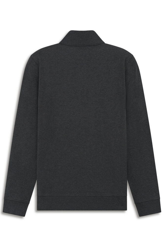 Dark grey heathered sweatshirt with a stand collar, long sleeves, and ribbed cuffs and hem.