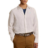 Light off-white long-sleeved collared shirt with a textured weave, button-front, and small blue embroidered logo.