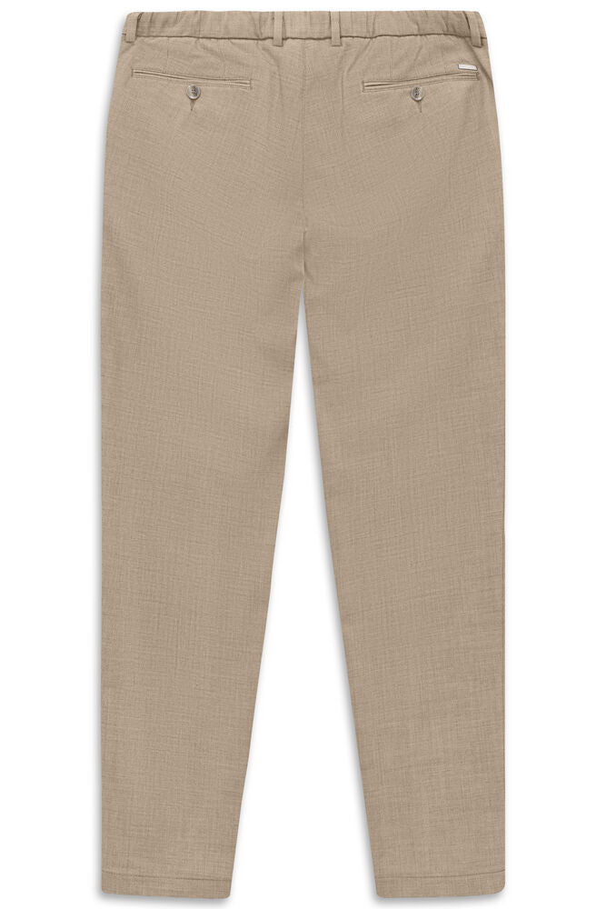 Beige woven trousers, back view, with an elasticated waistband, belt loops, and two back welt pockets with light brown button