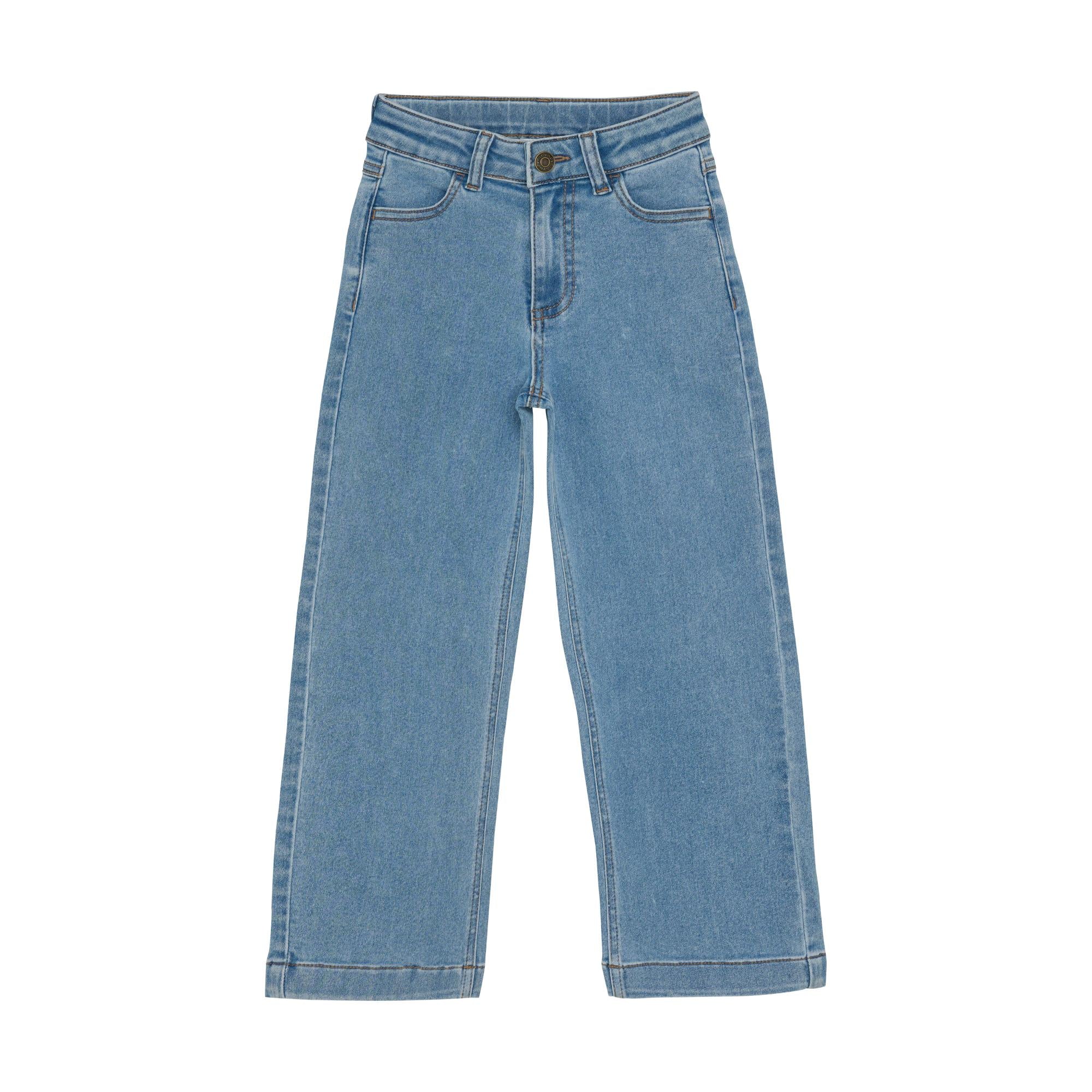 Light blue wide loose fit denim jeans with five pockets, a button, and zip fly closure.