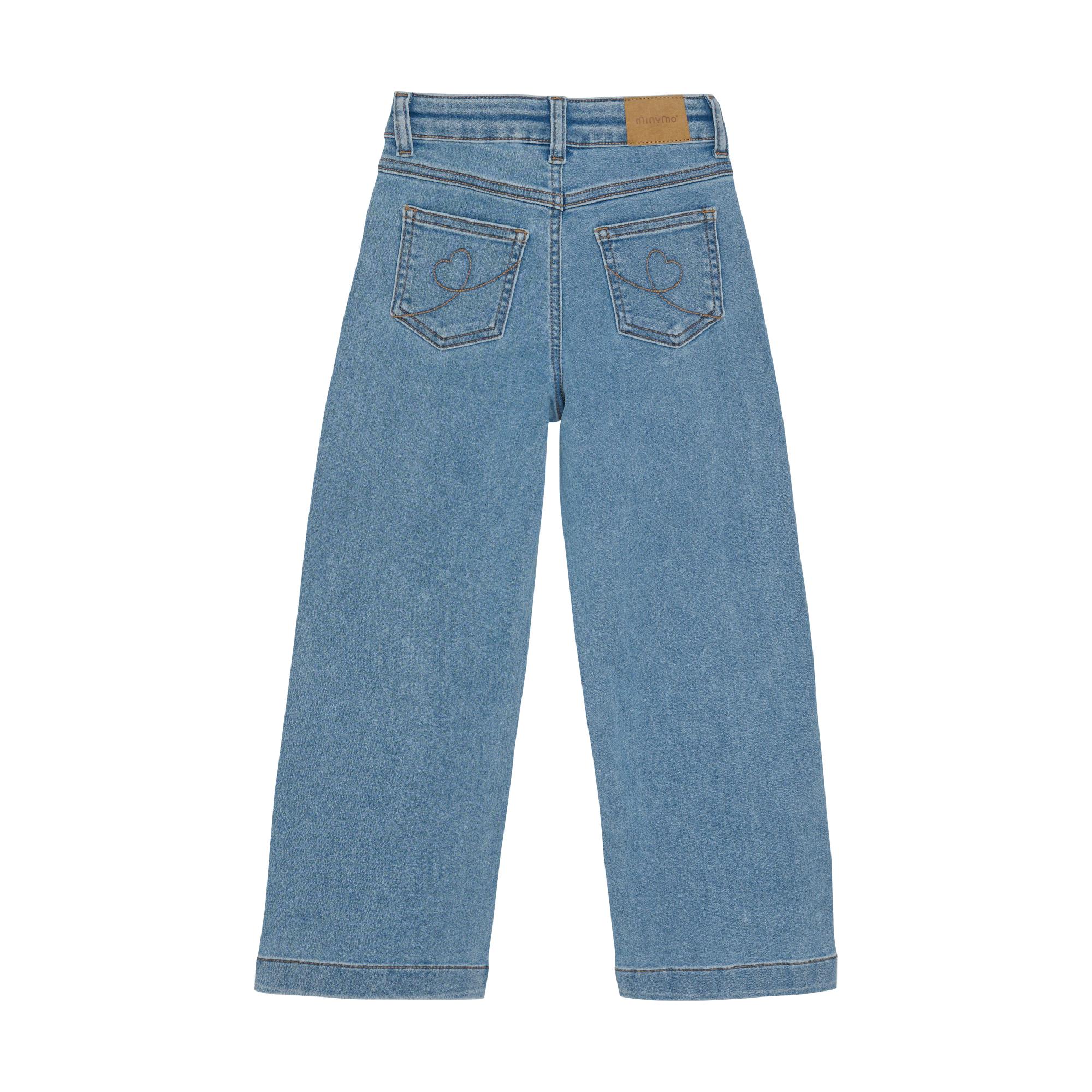 Light blue wide loose fit denim jeans, back view. Both back pockets feature heart embroidery. Brown label on waistband.