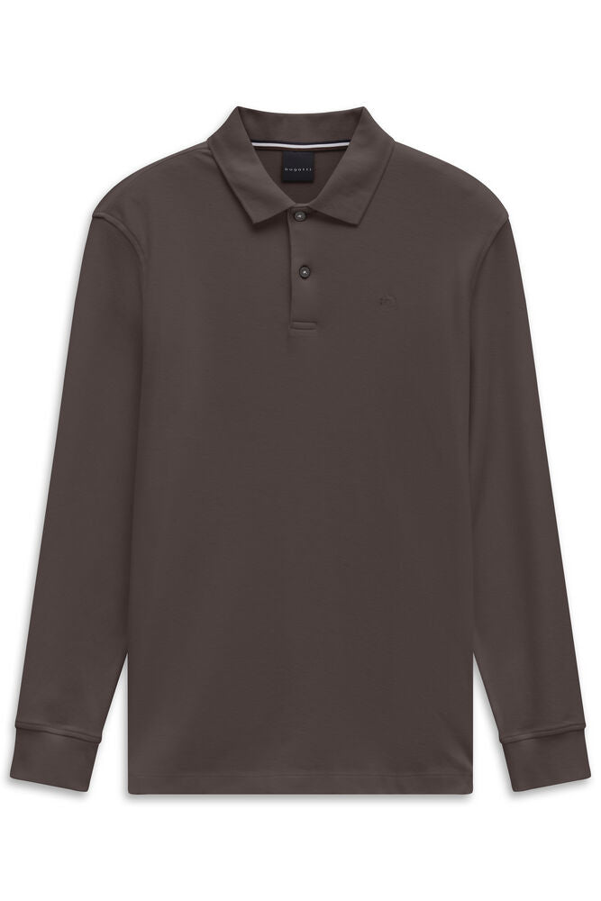 Dark brown long-sleeve polo shirt with a two-button placket, standard collar, ribbed cuffs, and an embroidered logo on the ch