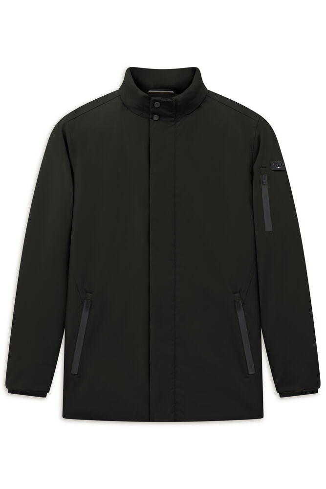Black jacket with a stand-up collar, covered front zipper, two lower front zip pockets, and a left sleeve zip pocket with a l
