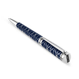 Blue lacquer pen with stainless steel geometric pattern. Features a stainless steel tip, clip, and end cap with a triangular
