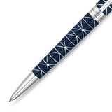 Blue lacquer pen with a stainless steel geometric pattern. It has a stainless steel tip and a band engraved with 'SAINT HONOR