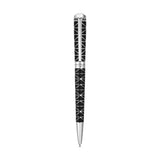 Black lacquered ballpoint pen with silver-toned geometric pattern and silver-toned cap and tip. Brand name "Saint Honore Pari