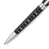 Black lacquer pen with a silver-toned geometric pattern. It has silver-toned trims, including a tip and a band engraved "SAIN