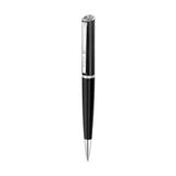 Black and silver-toned Saint Honore Majeste pen with a carbon fibre patterned upper barrel and polished enamel lower barrel.