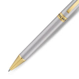 Silver-toned polished pen with gold-toned trim, featuring a gold-toned band engraved with 'POLICE' and a gold-toned clip and