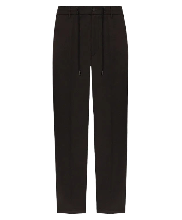 Deep brown textured trousers with an elasticated waist, black drawstring with silver-toned tips, button closure, and vertical