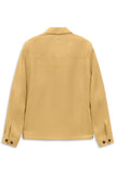 Textured beige blouson with a back yoke, long sleeves, dark brown buttons on each cuff, and a silver-toned tag on the collar.