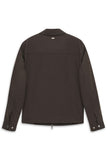 Brown collared jacket, back view. Features a back yoke, long sleeves with silver-toned buttoned cuffs, and a silver-toned zip