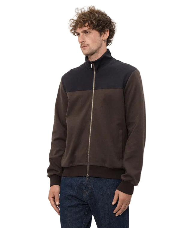 Men's deep brown and dark blue full-zip sweater with a stand collar, ribbed cuffs, and hem.