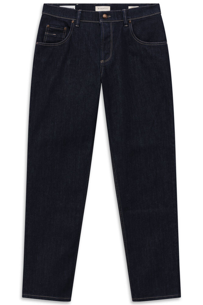 Dark navy blue men's straight leg denim jeans with contrast stitching, button and zip fly, and five-pocket design.