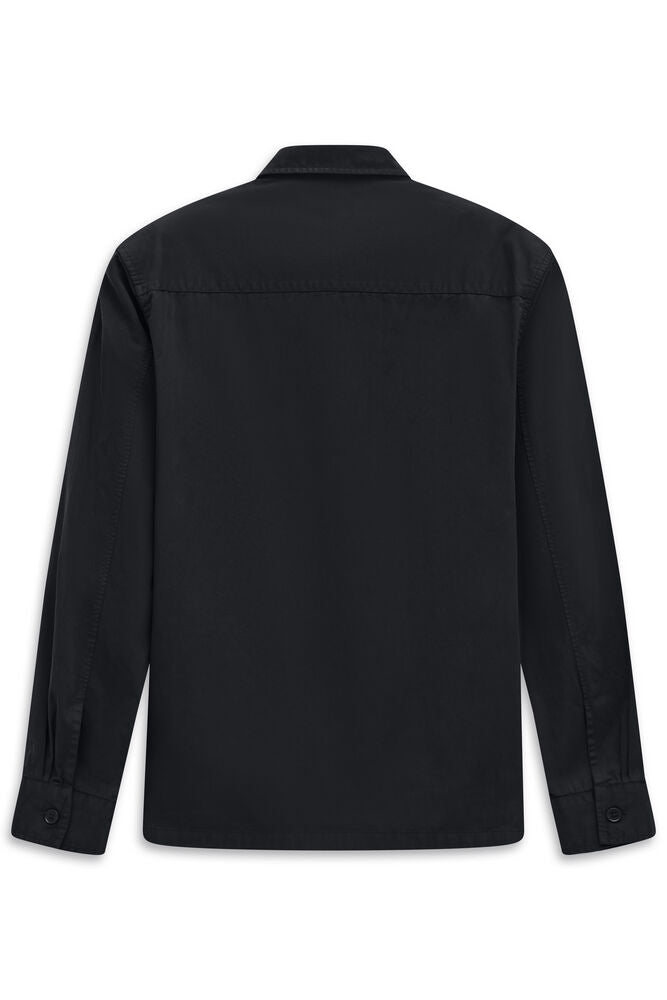 Black long sleeve shirt with a classic collar, buttoned cuffs, and a back yoke.