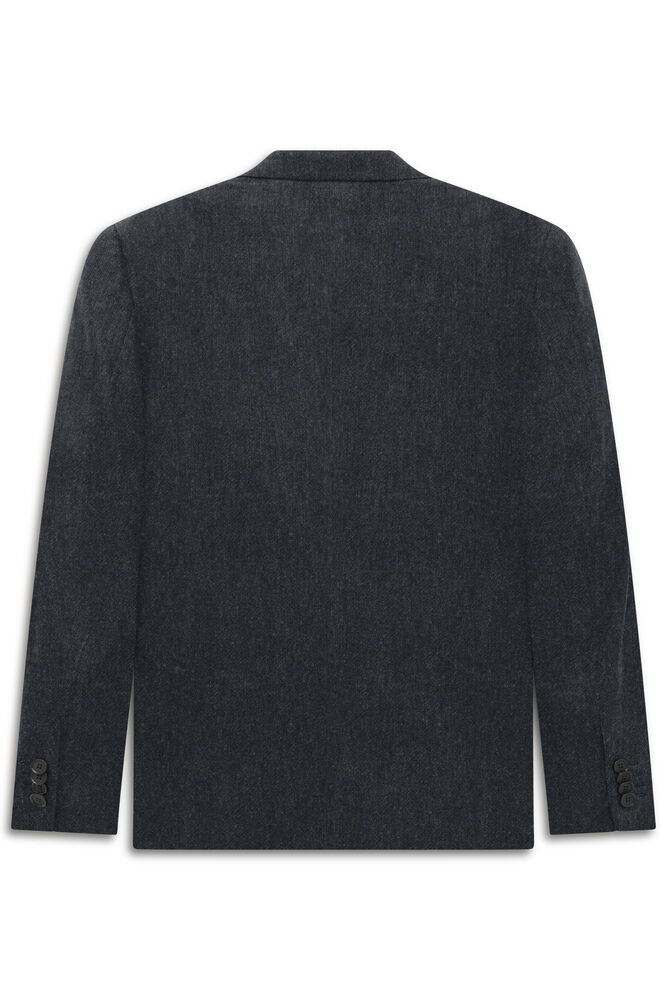 Back view of a navy blue jacket with a subtle textured weave, featuring a notched collar and three dark buttons on each cuff.