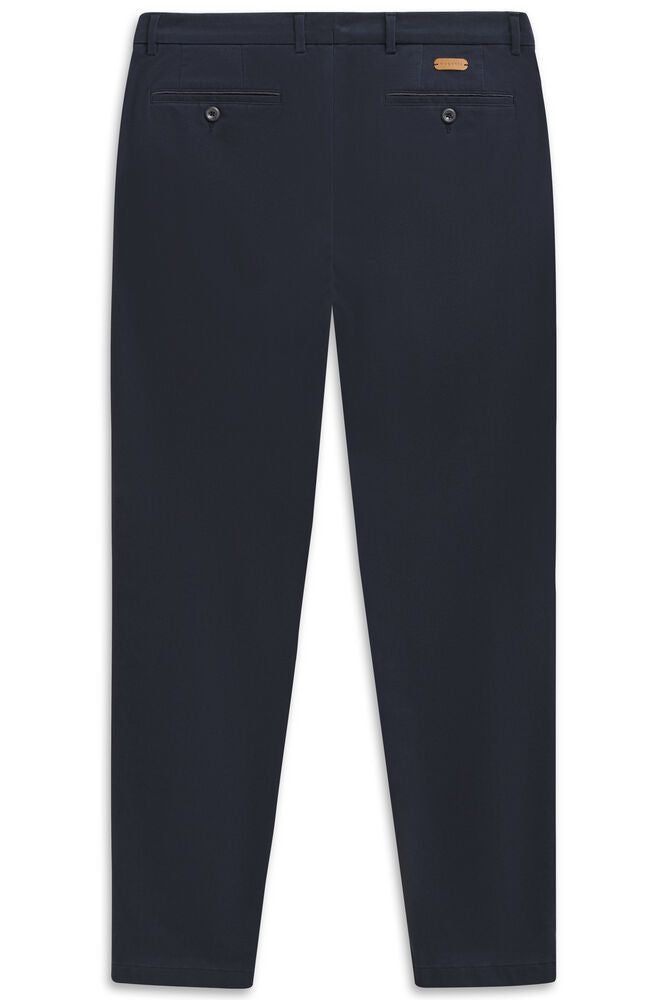 Navy blue casual trousers, back view, with belt loops, two buttoned back pockets, and a small brown brand patch on the right