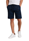 Dark blue men's sweat shorts with a black all-over abstract pattern, elasticated drawstring waistband, and side pockets.