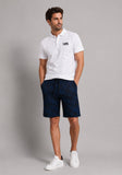 Dark blue and black patterned sweat shorts with an elastic drawstring waist and side pockets.