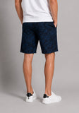 Black sweat shorts with an all-over blue abstract grid pattern, elastic waistband, and side pockets.