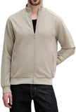 Karl Lagerfeld men's khaki grey full-zip bomber jacket with stand collar, ribbed trims, and tonal logo tape sleeves.