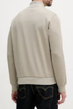 Khaki zip jacket with a stand-up collar, long sleeves with ribbed cuffs, and a ribbed hem.